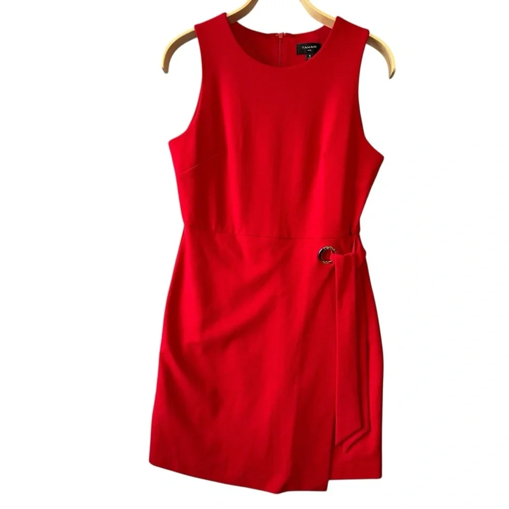 TAHARI ASL Red Stretch Crepe A-Line Grommet Side Tie Dress Sz: 8 - Picture 6 of 13